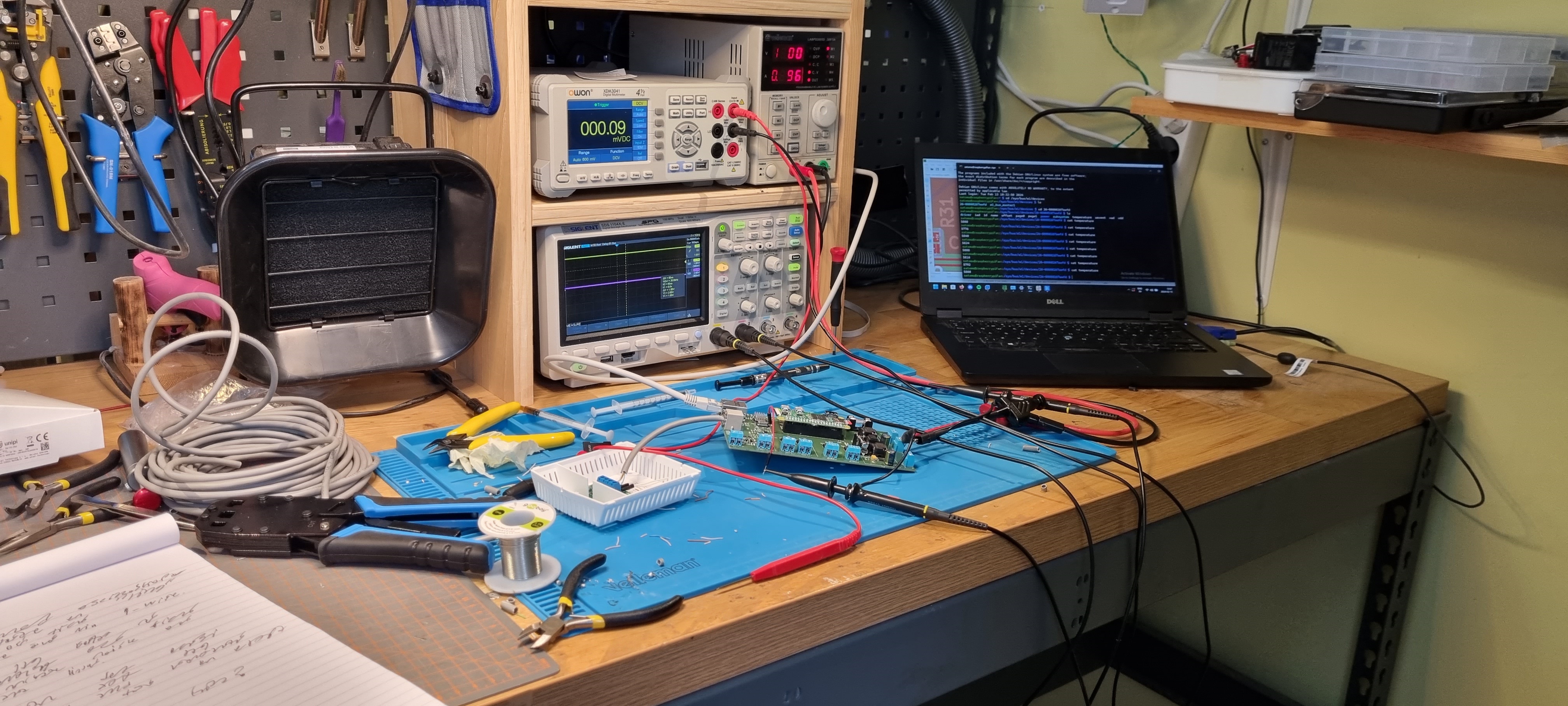 Board connected to ethernet and a sensor and some other stuff with computer screen