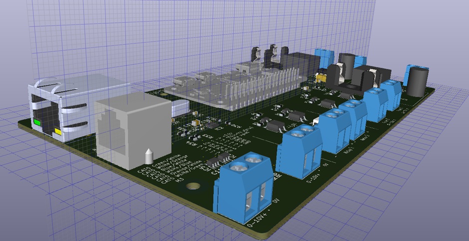 PCB with all components 3d rendered, other angle